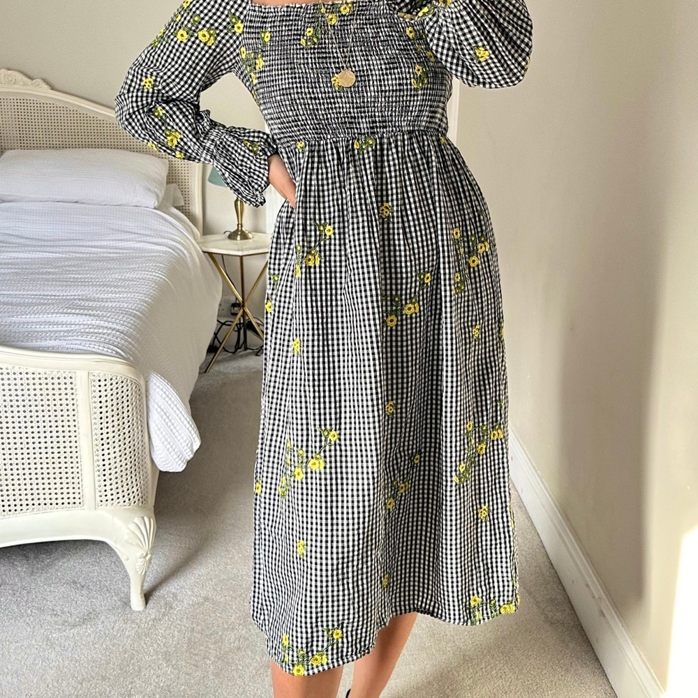 Never Fully Dressed Gingham Midi Sundress with Bishop Sleeves and Yellow florals